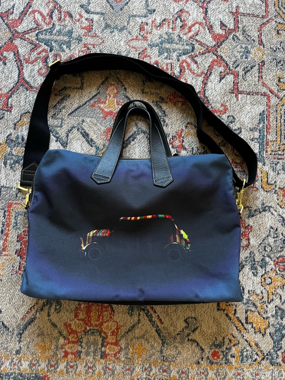 Black Canvas Convertible Travel Bag with Mini Cooper Print